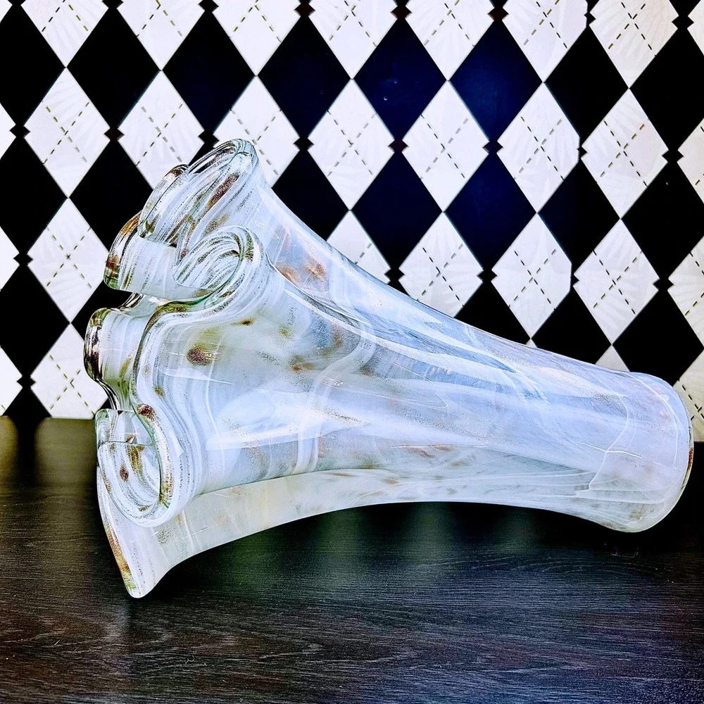 White Opaline Art Glass Vase 15" Ruffled Aventurine‎ Statement - Picture 4 of 17